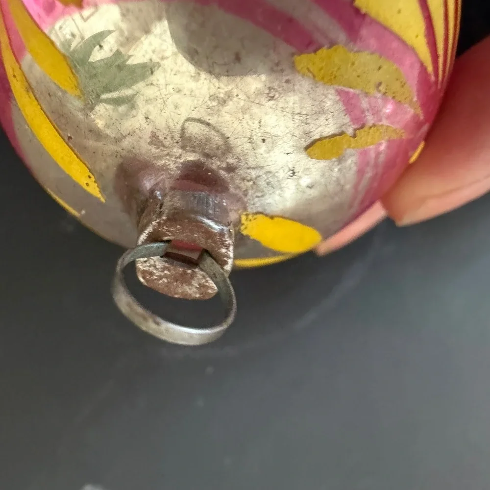 Vintage Pink Mercury Glass Christmas Ornament Hand Painted Yellow Leaves MCM